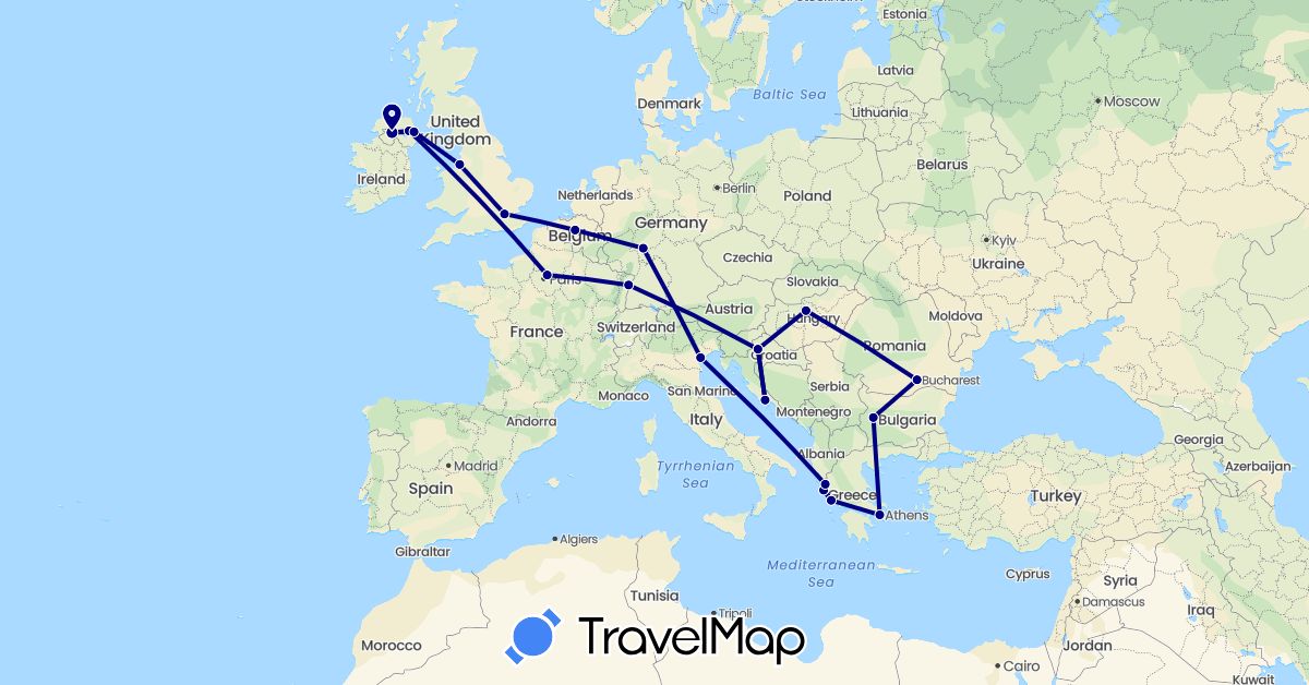 TravelMap itinerary: driving in Belgium, Bulgaria, Germany, France, United Kingdom, Greece, Croatia, Hungary, Italy, Romania (Europe)